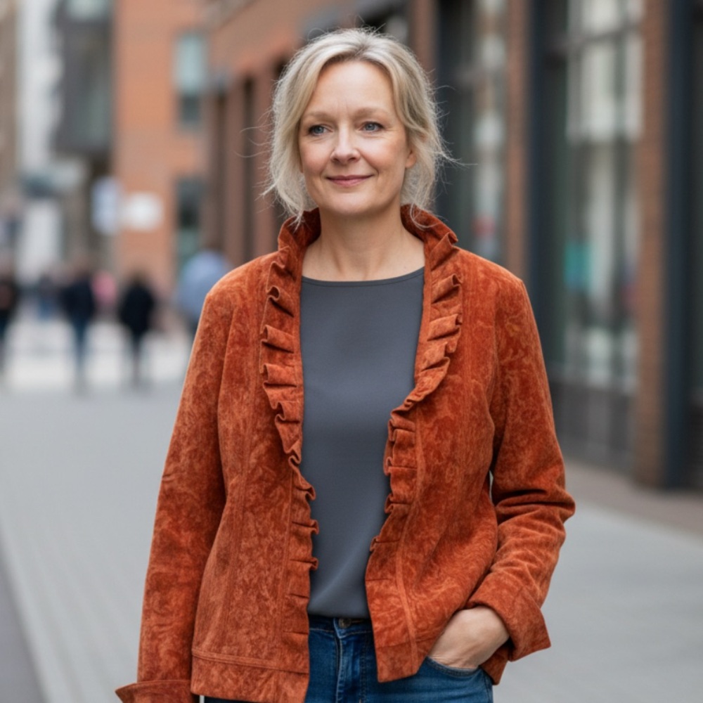 Chico's Rust Orange Ruffled Suede Jacket - Picture 3 of 9